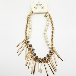 Mia Faux Pearl Stud Earring and Necklace set, Doub